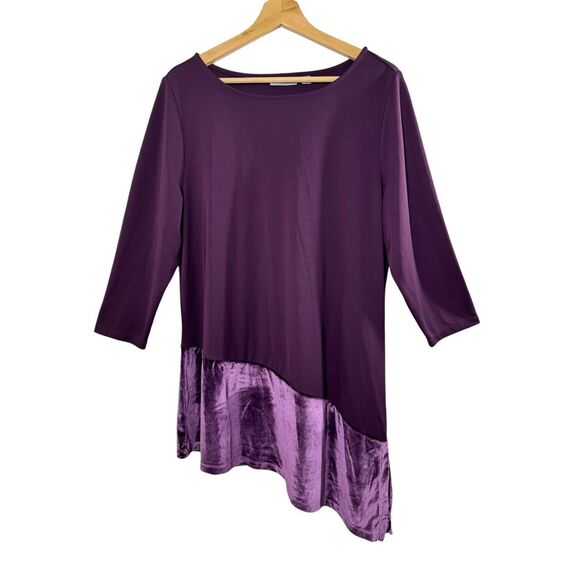 NWOT Susan Graver Purple 3/4 Sleeve Tunic Blouse Size L Velvet Asymmetrical Hem - Picture 1 of 9